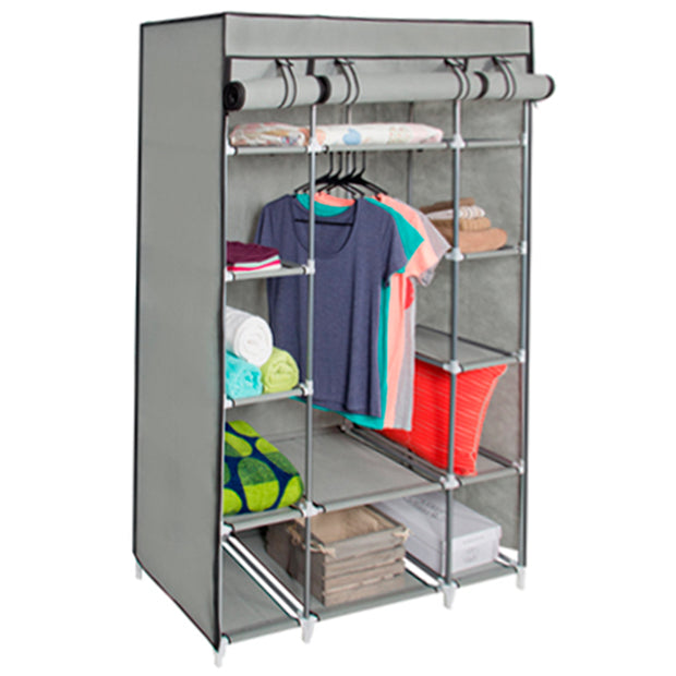 Portable 13-Shelf Wardrobe Storage Closet Organizer W/ Cover and Hanging Rod, Gray