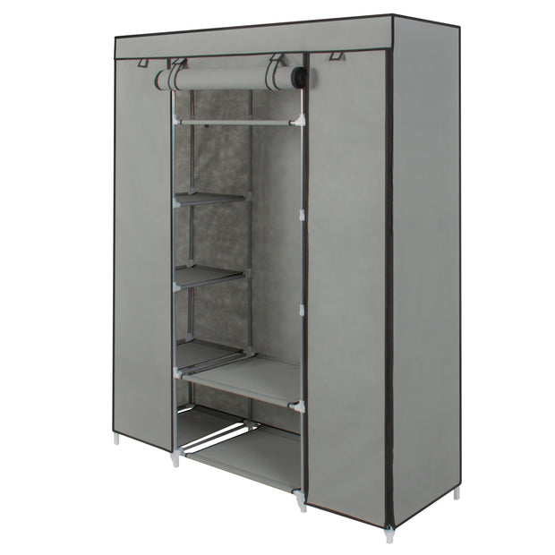 Portable 13-Shelf Wardrobe Storage Closet Organizer W/ Cover and Hanging Rod, Gray